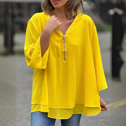 Chiffon-top met rits en V-hals