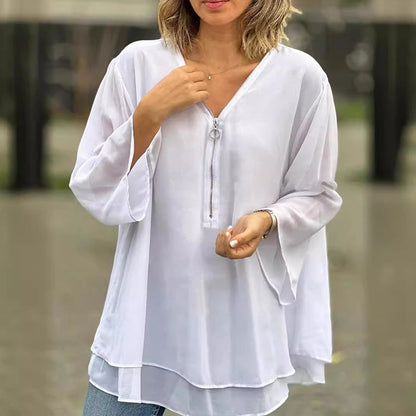 Chiffon-top met rits en V-hals