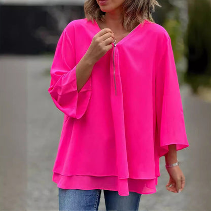 Chiffon-top met rits en V-hals