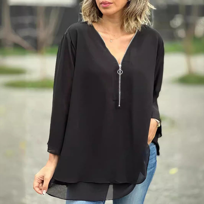 Chiffon-top met rits en V-hals