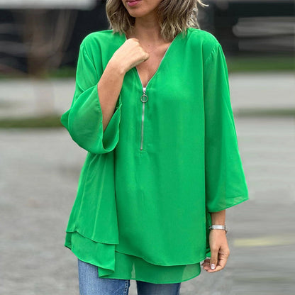 Chiffon-top met rits en V-hals