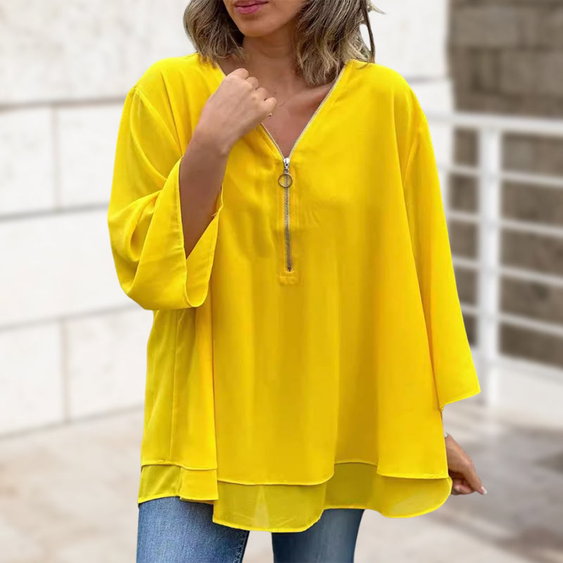 Chiffon-top met rits en V-hals