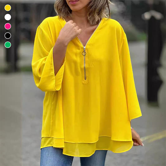 Chiffon-top met rits en V-hals