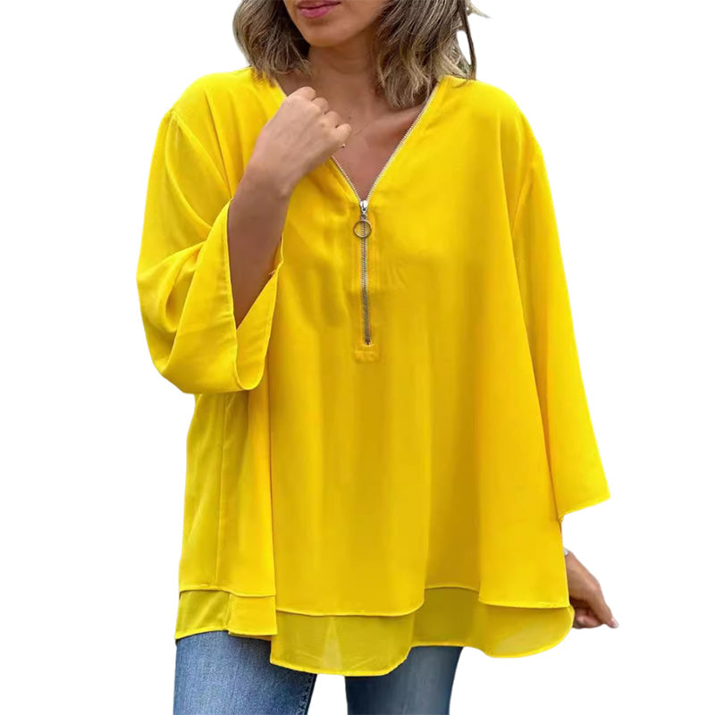 Chiffon-top met rits en V-hals